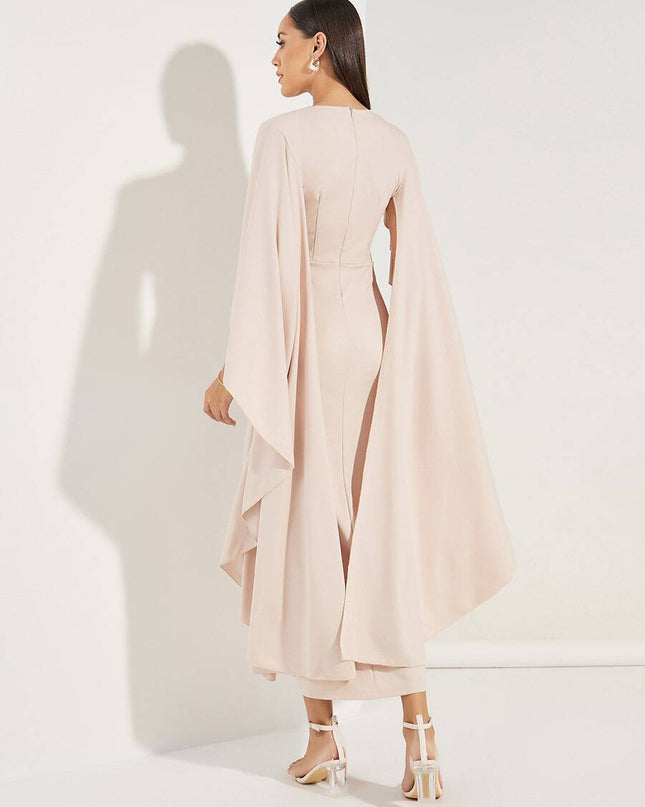 Inga - Hellrosa Midi-Kleid mit V-Ausschnitt und Chiffon-Ärmel