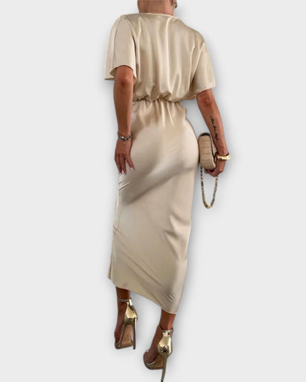 Simone - Solides Satin V-Ausschnitt Kreuzknoten Slim Fit Maxi Kleid