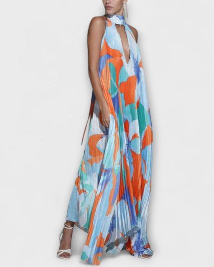 Vivien - Schickes Plissiertes Halterneck Rückenfreies Midi-Kleid mit Trägerdesign