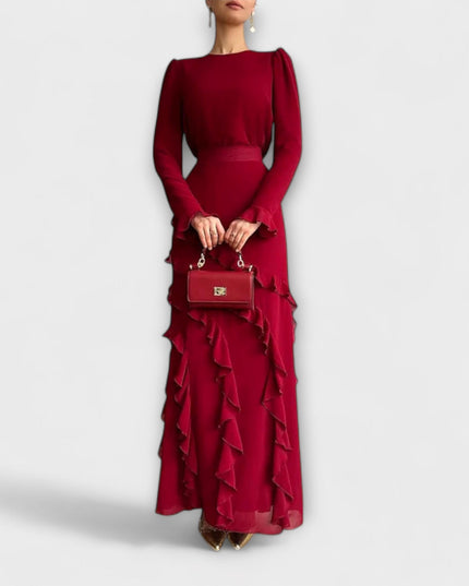 Almut - Slim Fit Langkleid mit dreidimensionalen Rüschen