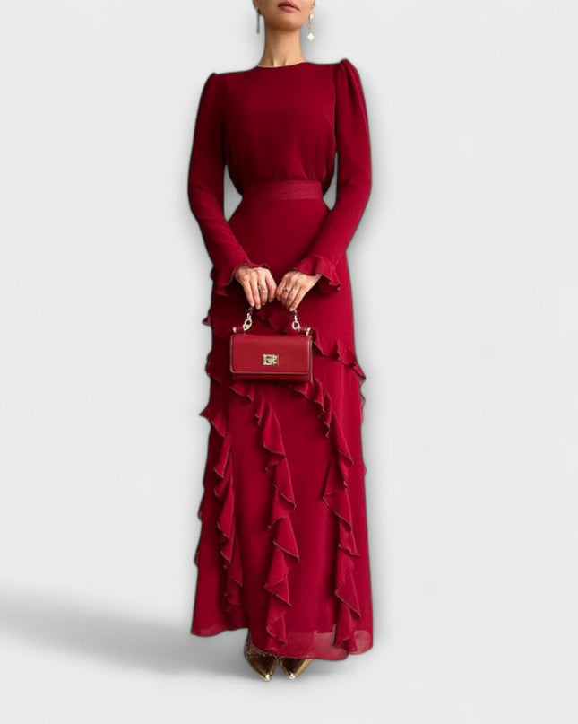 Almut - Slim Fit Langkleid mit dreidimensionalen Rüschen