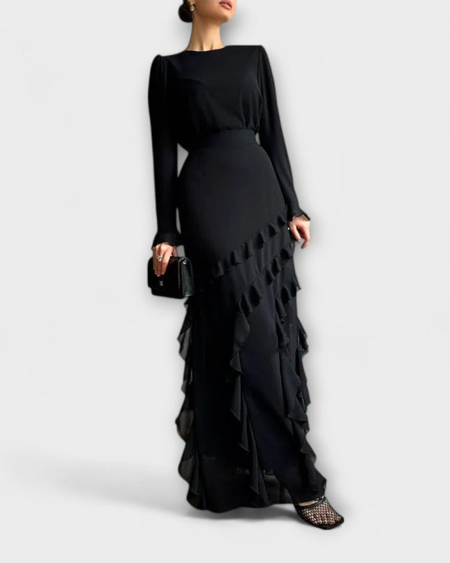 Almut - Slim Fit Langkleid mit dreidimensionalen Rüschen