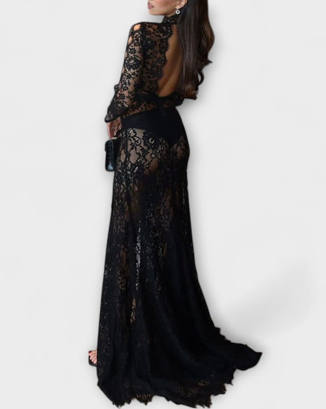 Romy - Midnight Elegance Transparente Cutout Langarm Stretch Maxikleid