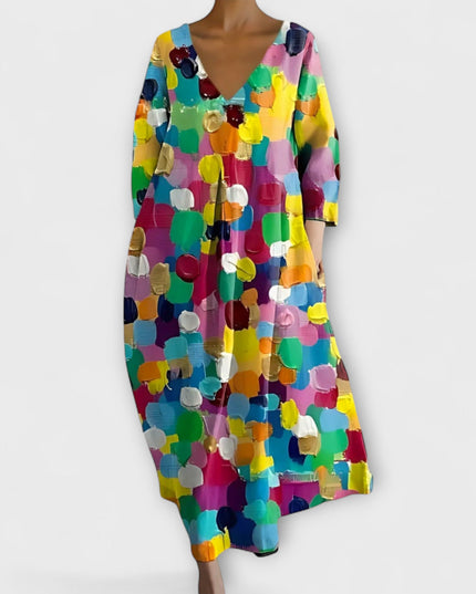 Melinda - Langes, farbenfrohes Kleid mit V-Ausschnitt