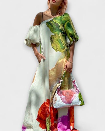 Sabina - Maxikleid mit Blumendruck, schrägem Kragen und Puffärmeln