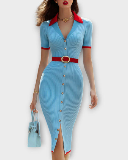 Sophia - Schickes Babyblaues Rippstrick-Bleistiftkleid
