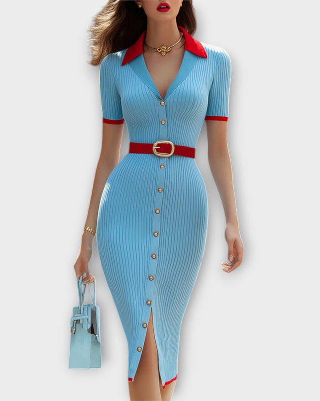 Sophia - Schickes Babyblaues Rippstrick-Bleistiftkleid