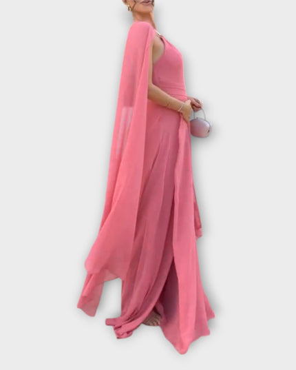 Elke - Elegantes Maxikleid mit Cape-Ärmeln und hohem Schlitz