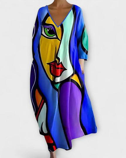 Melinda - Langes, farbenfrohes Kleid mit V-Ausschnitt