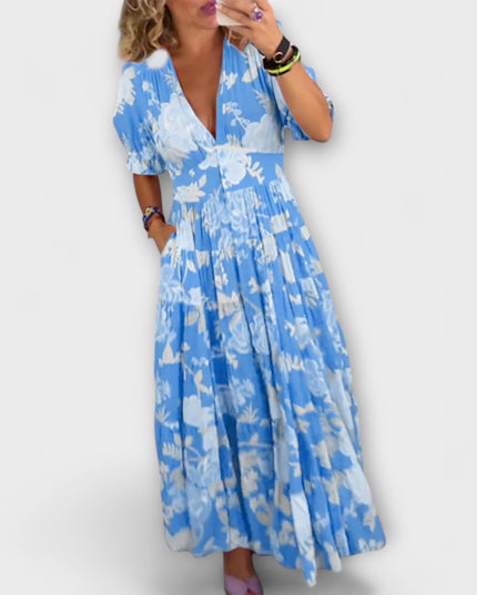 Angelika - Floral Print V-Ausschnitt Taschenkleid