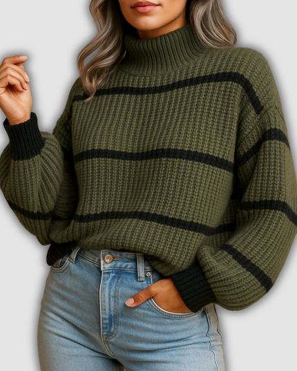 Indigo - Gestrickter Pullover mit hohem Kragen und Streifen für Damen