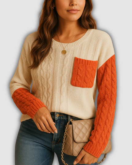 Evangeline -Gestrickter Damenpullover mit Zopfmuster und Taschendetail