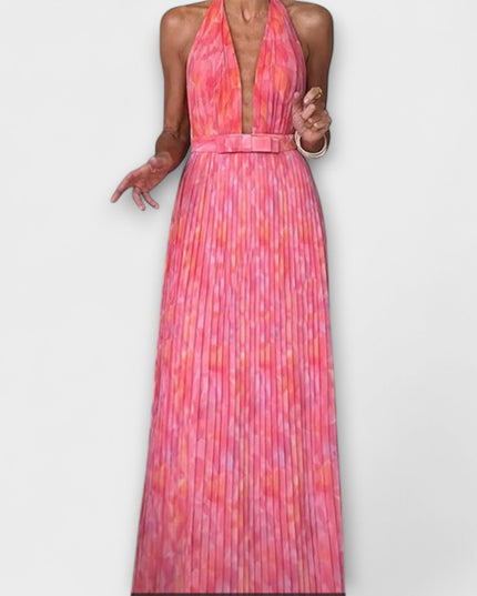 Pauline - Schickes Halter Neck V-Ausschnitt Plissiertes Maxikleid