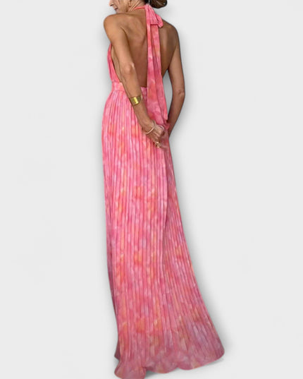 Pauline - Schickes Halter Neck V-Ausschnitt Plissiertes Maxikleid