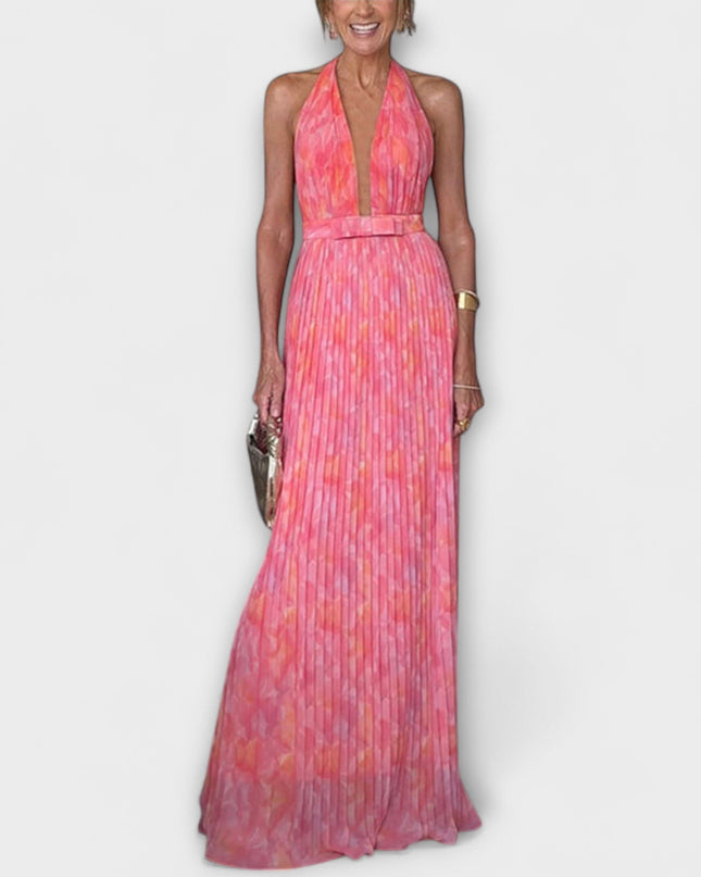 Pauline - Schickes Halter Neck V-Ausschnitt Plissiertes Maxikleid