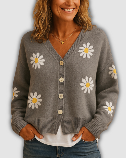 Thalia - Damenstrickjacke mit Blumenmuster und Knopfverschluss