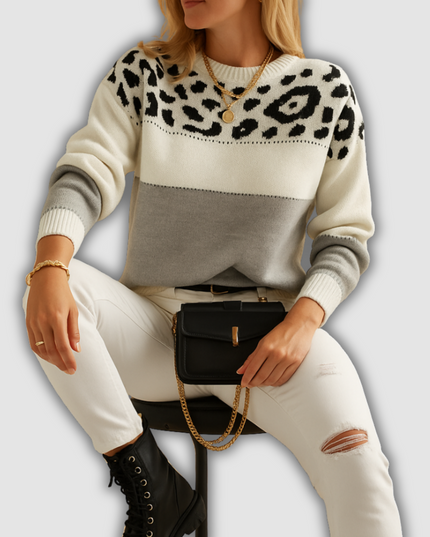 Elowen - Oversized gestrickter Pullover mit Leopardenmuster für Damen