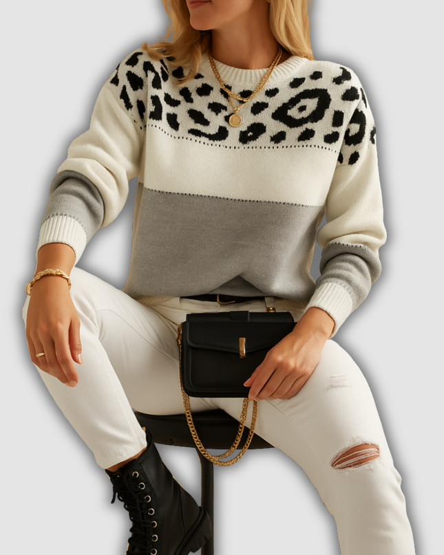 Elowen - Oversized gestrickter Pullover mit Leopardenmuster für Damen