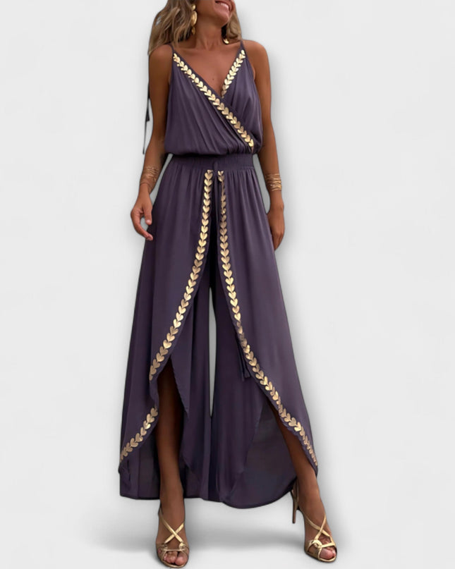 Florina - Donatila V-Ausschnitt Jumpsuit mit Stickerei und offenen Beinen