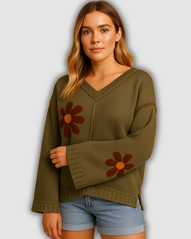 Elara - Gestrickter Damenpullover mit V-Ausschnitt und Blumenmuster