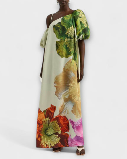 Sabina - Maxikleid mit Blumendruck, schrägem Kragen und Puffärmeln
