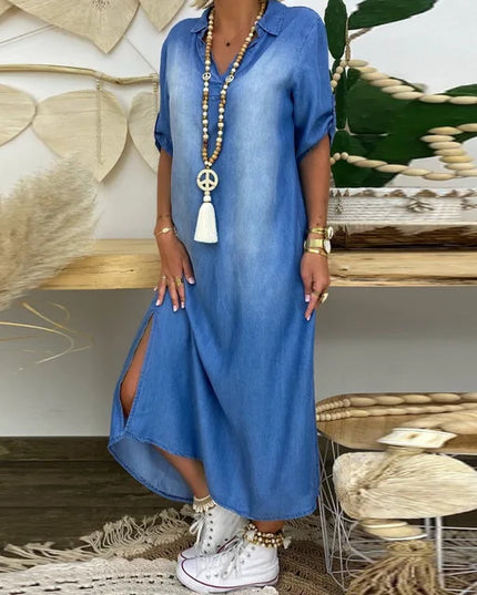 Luna - Langes Kleid im Jeans-Look mit Seitenschlitz