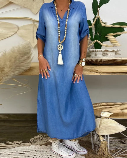 Luna - Langes Kleid im Jeans-Look mit Seitenschlitz