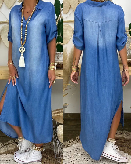 Luna - Langes Kleid im Jeans-Look mit Seitenschlitz