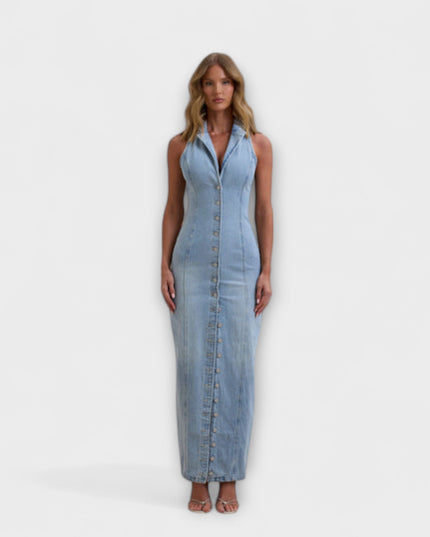 Helga - Mid Wash Denim Maxikleid