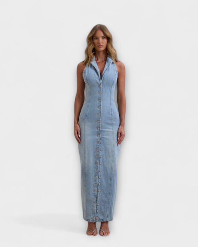 Helga - Mid Wash Denim Maxikleid