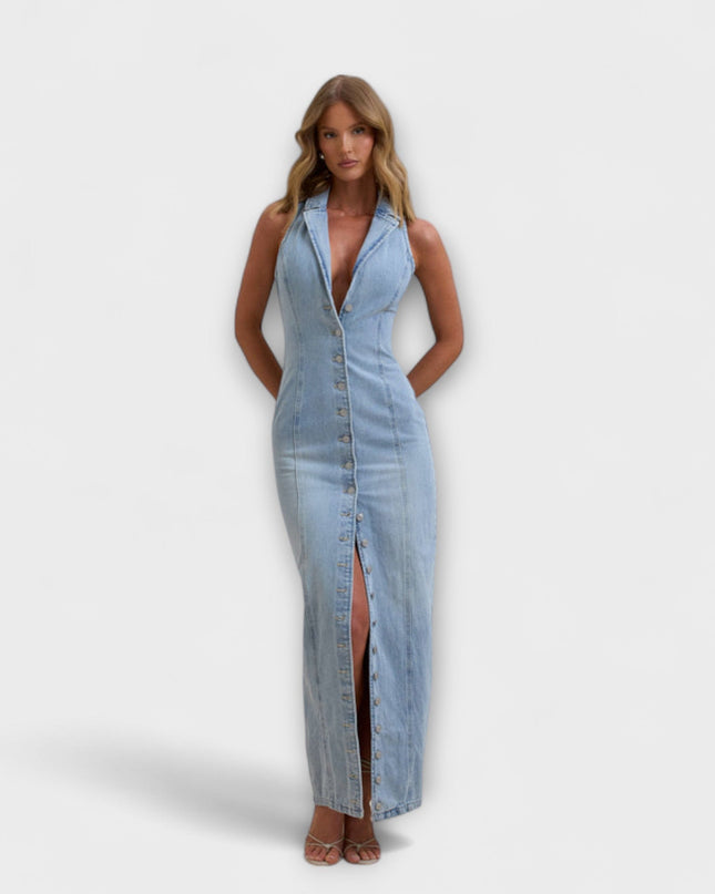 Helga - Mid Wash Denim Maxikleid