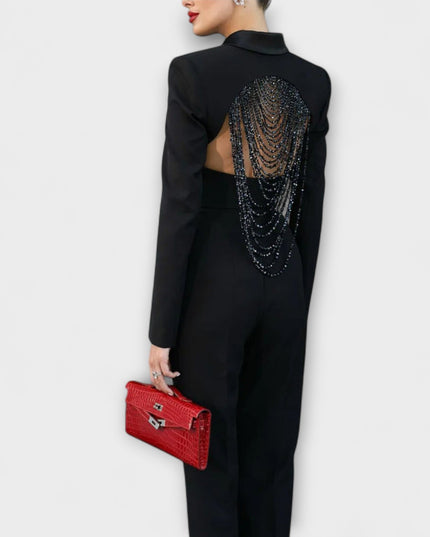 Noa - Schwarzes Perlenbesetztes Rückenfreies Kurzes Blazer Set