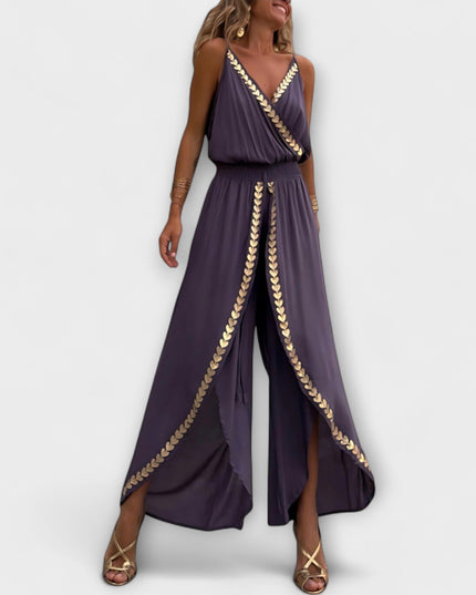 Florina - Donatila V-Ausschnitt Jumpsuit mit Stickerei und offenen Beinen