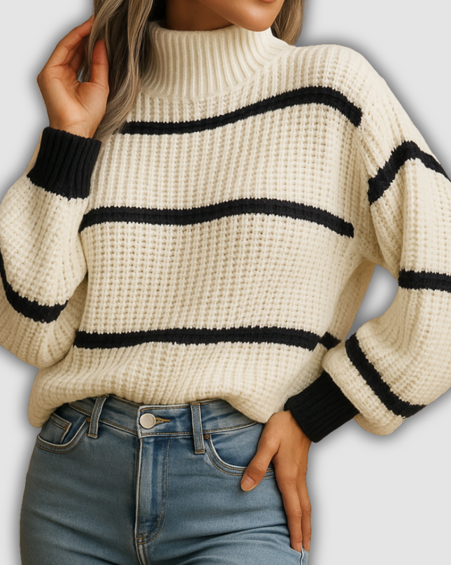 Indigo - Gestrickter Pullover mit hohem Kragen und Streifen für Damen