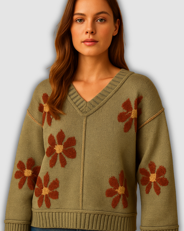 Elara - Gestrickter Damenpullover mit V-Ausschnitt und Blumenmuster