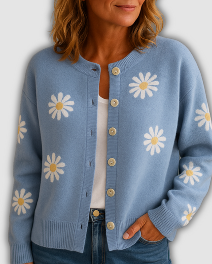 Thalia - Damenstrickjacke mit Blumenmuster und Knopfverschluss