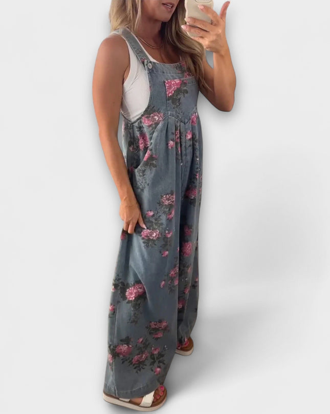 Karlin - Blumenmuster Weite Denim Latzhose
