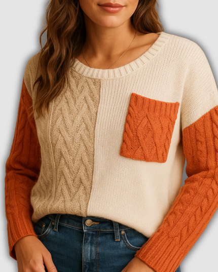 Evangeline -Gestrickter Damenpullover mit Zopfmuster und Taschendetail