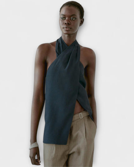 Leah - Blauer Halter Neck Top mit Rückenausschnitt