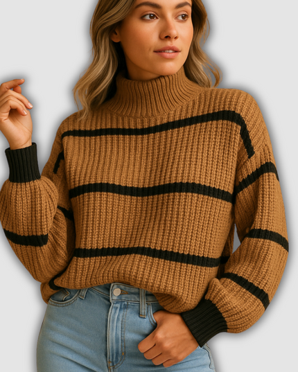 Indigo - Gestrickter Pullover mit hohem Kragen und Streifen für Damen