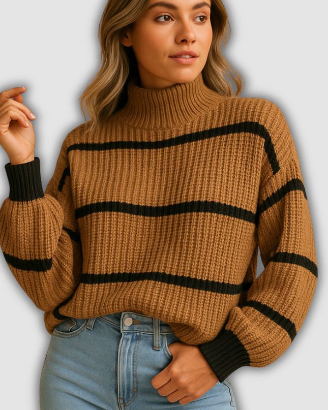 Indigo - Gestrickter Pullover mit hohem Kragen und Streifen für Damen