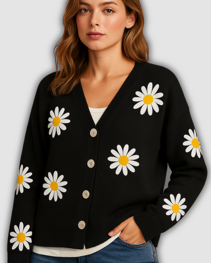 Thalia - Damenstrickjacke mit Blumenmuster und Knopfverschluss