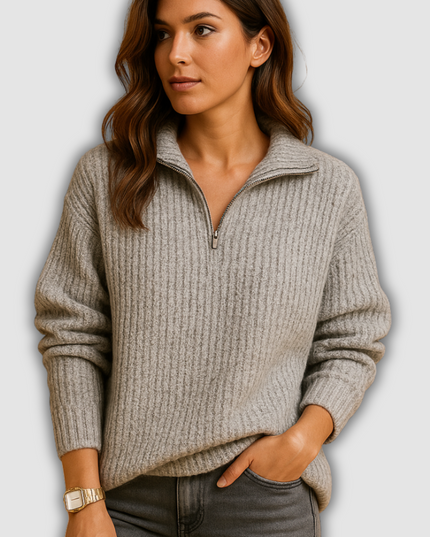 Wren -Damenpullover mit halbem Reißverschluss und Stehkragen