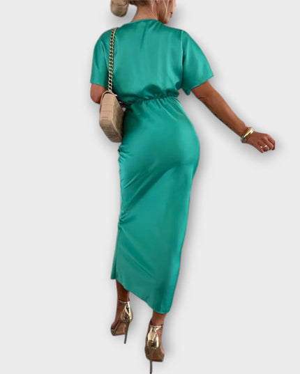 Simone - Solides Satin V-Ausschnitt Kreuzknoten Slim Fit Maxi Kleid