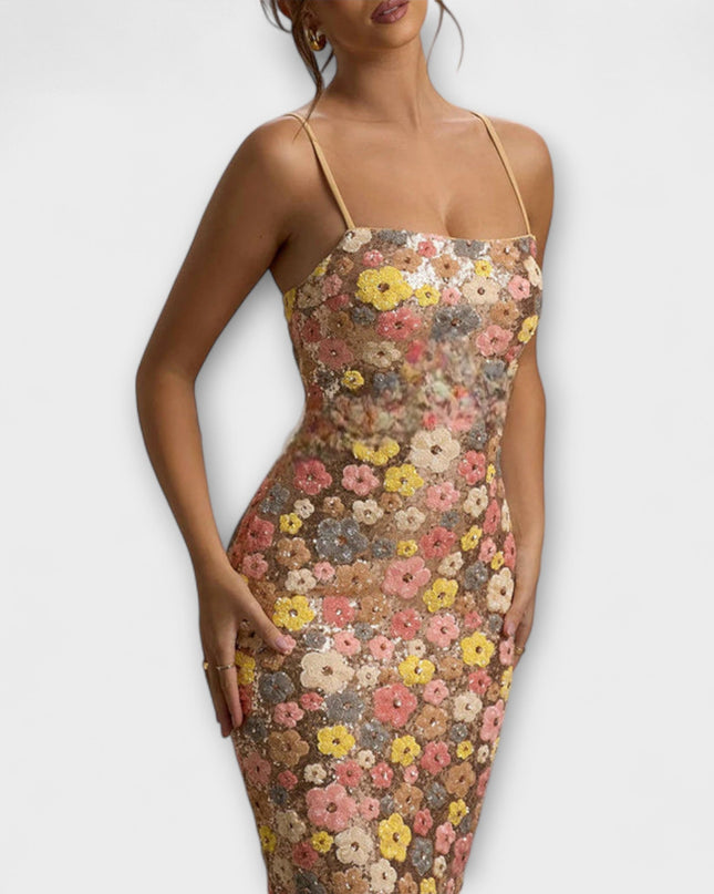 Nadine - Maxi-Kleid mit floralen Pailletten im 80er-Jahre-Stil