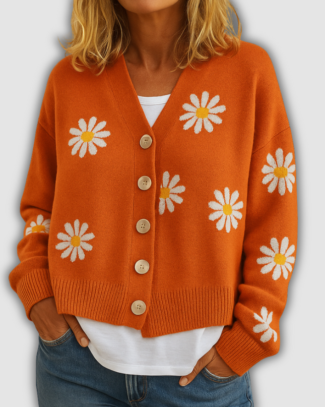 Thalia - Damenstrickjacke mit Blumenmuster und Knopfverschluss