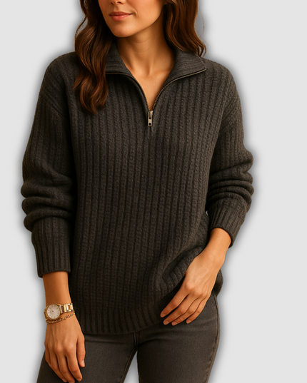 Wren -Damenpullover mit halbem Reißverschluss und Stehkragen