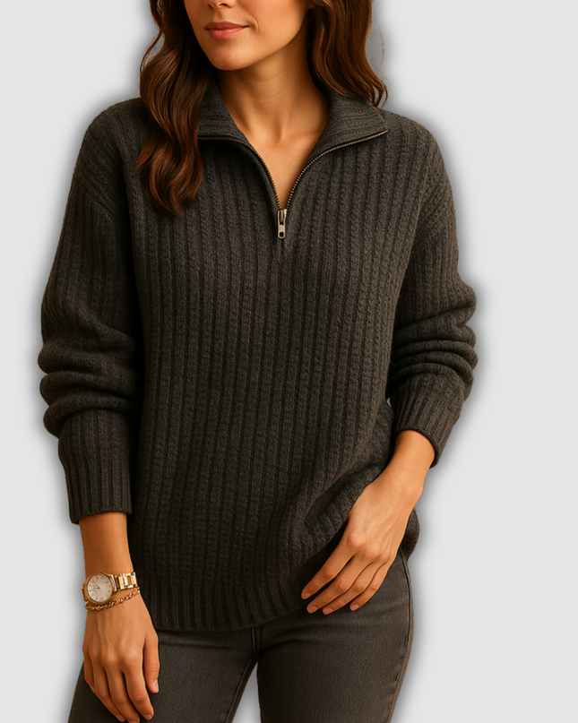 Wren -Damenpullover mit halbem Reißverschluss und Stehkragen