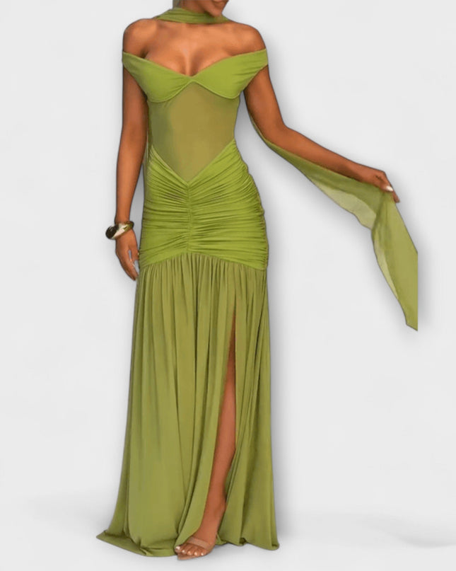 Leokadia - Olivfarbenes V-Ausschnitt Maxikleid