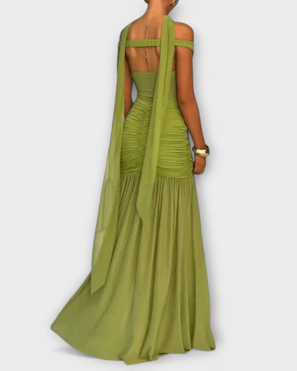 Leokadia - Olivfarbenes V-Ausschnitt Maxikleid